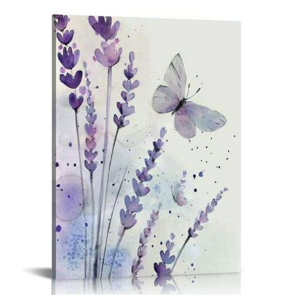 Shiartex  Lavender Canvas Wall Art Butterfly with Purple Flower Artwork Elegant Paintings for Living Room Bedroom Bathroom Wall Decor,Stretched and Framed Ready to Hang,16x20 in/12x16 in