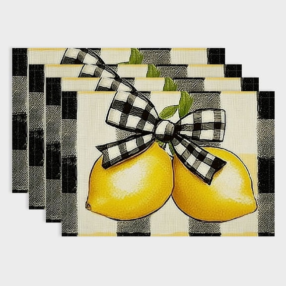Shiartex Lemon Bow Checkered Linen Cloth Placemats, Set of 4 - Indoor Outdoor Table Decor for Birthday Parties, Christmas, Restaurants, Buffets & Home 18x12in