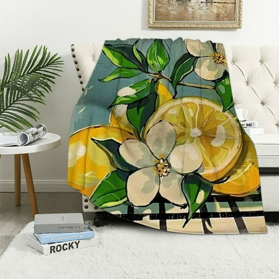 Shiartex Lemon Flowers Checkered Tablecloth Gifts Blanket Super Soft Flannel Blankets for Bed Sofa Living Room Decor All Seasons Throw Blanket 60x80in