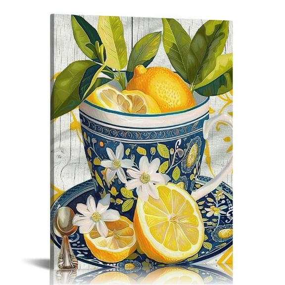 Shiartex Lemon Wall Art Farmhouse Yellow Kitchen Wall Decor Fruit Summer Paintings Lemon Tea Cup with Flower Pictures Artwork Living Room Dining Room Pantry,16x20 in/12x16 in 16x20 in