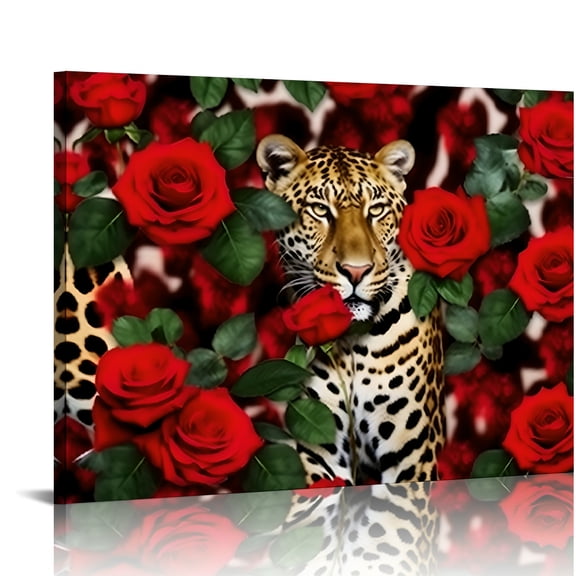 Shiartex Leopard Print Red Roses Green Leafy Plant Canvas Wall Art 16x12in