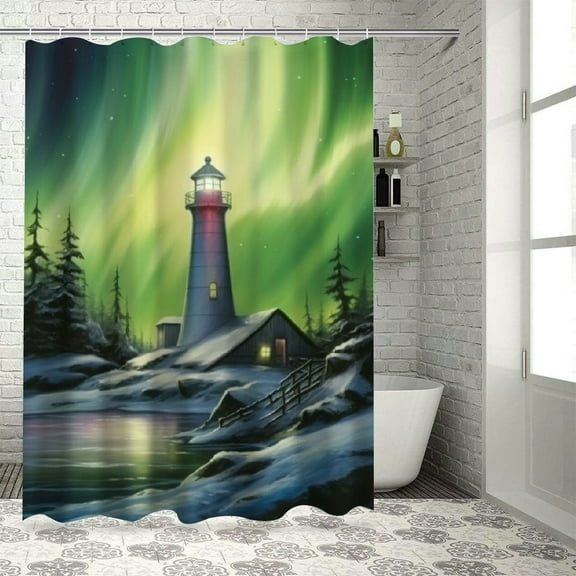 Shiartex Lighthouse Snow Aurora Light Printed Shower Curtain Set with Hooks for Bathroom Decor 100% Polyester Fiber Waterproof Shower Curtain 36x72