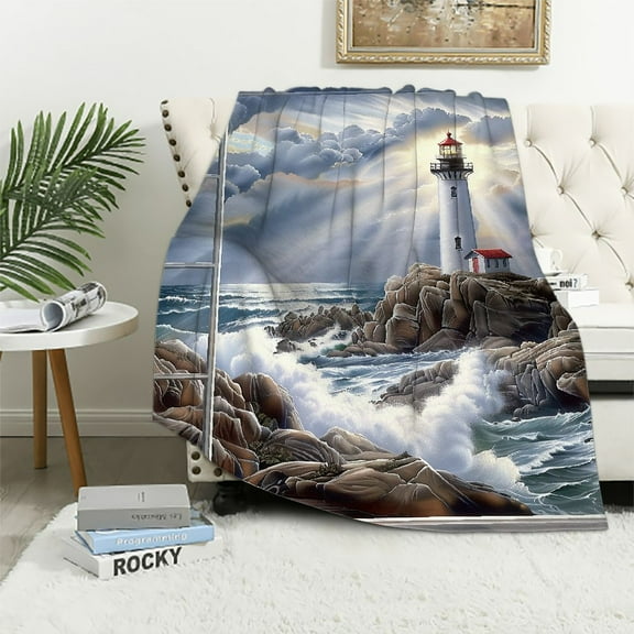 Shiartex Lighthouse Waves Rocks Flannel Throw Blanket Cozy Soft for Bed Sofa Travel All Seasons Gifts 40x50in