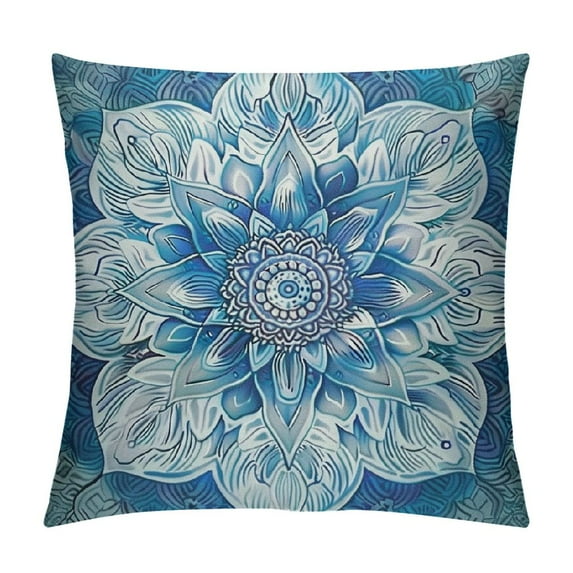 Shiartex Mandala Throw Pillow Cushion Cover, Lotus Flower Design in Blue Shades Flower and Petals Design Print, Decorative Square Pillow Case, Turquoise Blue,Multi-Size