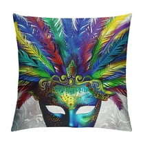 Shiartex  Mardi Gras Throw Pillow Cushion Cover, Blue Ornate Venetian Festival with Feathers Masquerade Parade Preparations, Decorative Square Accent Pillow Case,  Blue Lavender