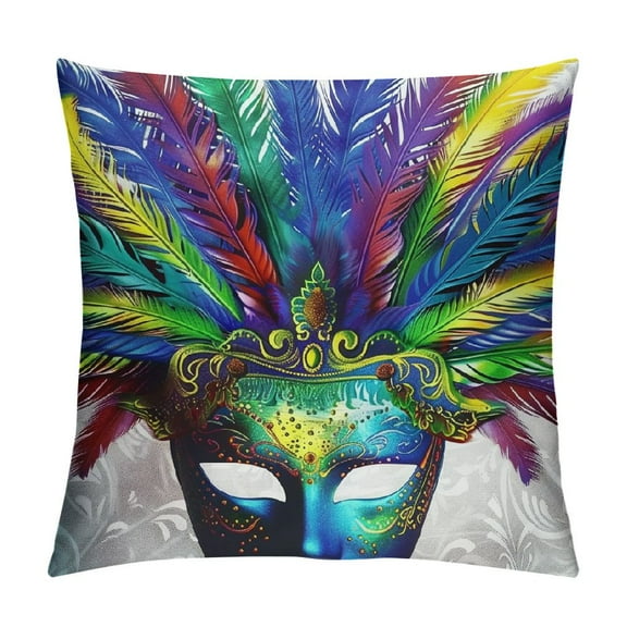 Shiartex  Mardi Gras Throw Pillow Cushion Cover, Blue Ornate Venetian Festival with Feathers Masquerade Parade Preparations, Decorative Square Accent Pillow Case,  Blue Lavender