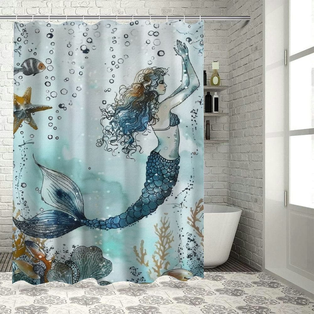 Shiartex Mermaid Shower Curtain, Sea Ocean Octopus Coral Reef Fish