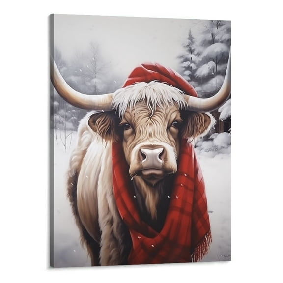Shiartex Merry Christmas Cow Canvas Wall Art Highland Cow Canvas Wall Decor Holly Farmhouse House Canvas Poster Decor Xmas Holiday Decoration for Living Room Kitchen Wall 16x20 Inch