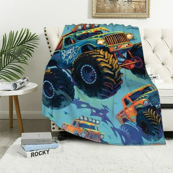 Shiartex  Monster Truck Cars Pattern Throw Blanket Ultra Soft Warm All Season Decorative Blankets for Bed Chair Car Sofa Couch Bedroom White