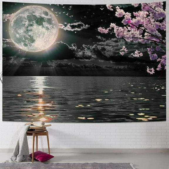 Shiartex Moon Ocean Tapestry, Cool Asian Anime Tapestry Wall Hanging, Japanese Art Cherry Blossom Decorations Nature Tapestry for Bedroom Living Room College Dorm Decor Painting