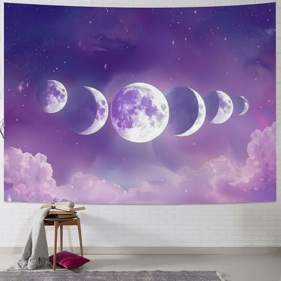 Shiartex  Moon Phase Tapestry Wall Hanging, Moon Phase and Stars with Cloud in the Purple Sky Background Tapestry, Pastel Nature Landscape Tapestry for Living Room Bedroom Aesthetic Decor Painting