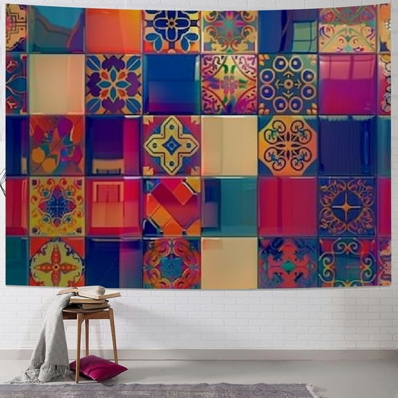 Shiartex Moroccan Patchwork Tapestry Geometric Patterns Tapestry for Bedroom Aesthetics Boho Hippie Flowers Tapestry Morocco Plaid Tapestries for Living Room Wall Hanging Decor Painting