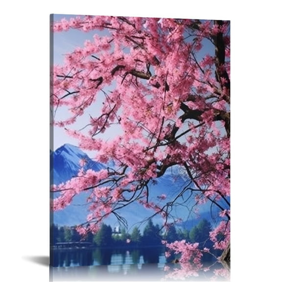 Shiartex  Mount Fuji with Cherry Blossom Canvas Wall Art Japan Landscape Painting Pictures Modern Framed Artwork for Living Room Decor 16x20 in