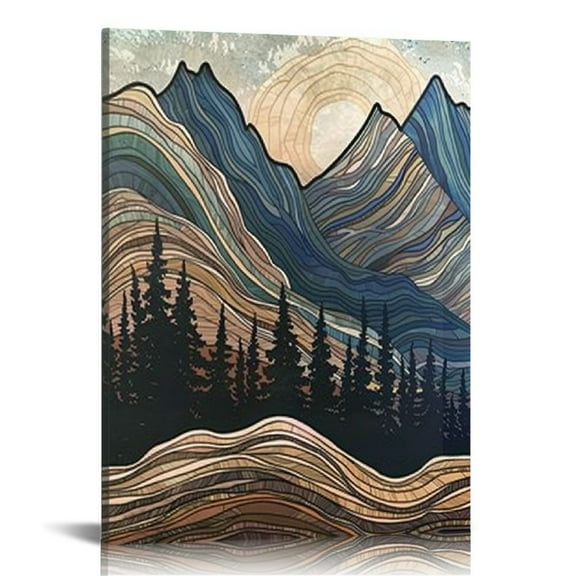 Shiartex  Mountain Framed Canvas Wall Art,  Wilderness Wall Decor, Abstract Sun Mountain Scenery Painting, Vintage Mountains Modern Art Print for Living Room, Bedroom, Dinning 12x16 in