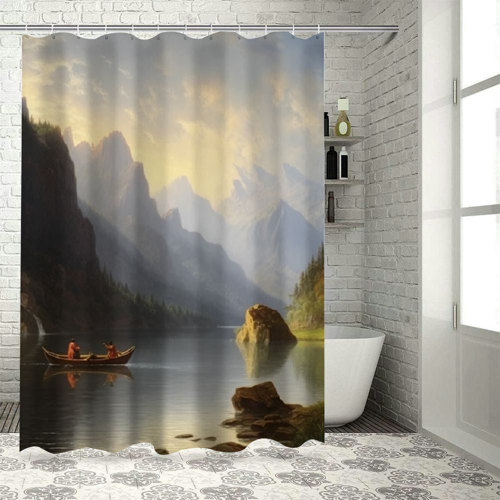 Shiartex Mountain Lake Boat Printed Shower Curtain Decor Set with Hooks, Waterproof Polyester Fiber Bathroom Shower Curtain Set 36x72