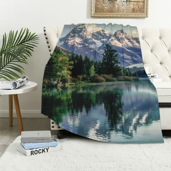Shiartex  Mountain Nature Blanket Grand Snowy Mountains Lake Tree Landscape Green Blue Throw Blanket Decor Cozy Warm for Home Bedroom Sofa Office White