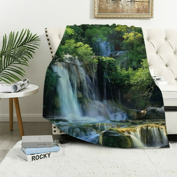 Shiartex  Mountain Waterfall Blanket Forest Trees Tropical Landscape Throw Gifts for Kids Girls Men Husband Wife Birthday Father's Day Christmas Decor Soft Plush Throw Blanket Colorful  White