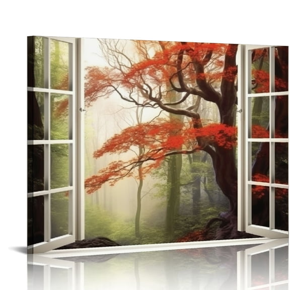 Shiartex Nature Home Decor Fake Window View of Orange Misty Autumn Forest Hanging Prints for Living Room Wall Decorations - 20x16 in/16x12 in