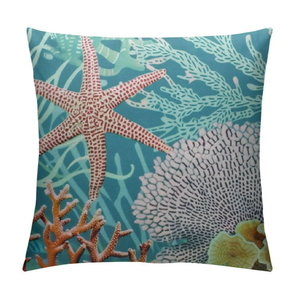 Shiartex Nautical Coastal Pillow Covers  Teal Beach Theme Ocean Seashell Coral Starfish Throw Pillow Covers Summer Outdoor Pillow Cases Cushion Covers for Couch Bed Sofa Decor White