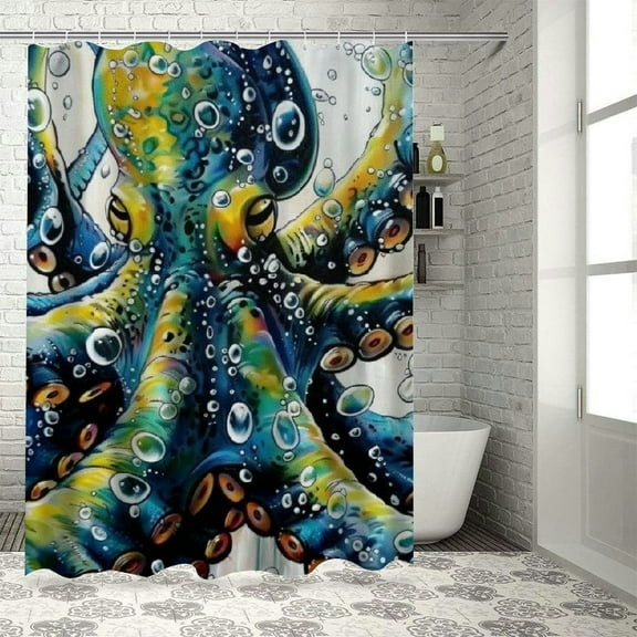 Shiartex Nautical Octopus Shower Curtain, Funny Blue Ocean Animal Octopus Kraken Fabric Shower Curtains Set for Kids Boys Men Bathroom Decoration with Hooks Cool Bath Decor 69x72