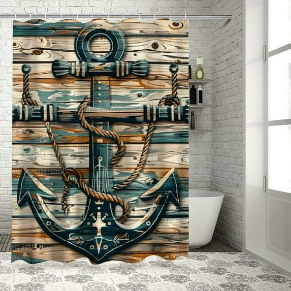 Shiartex Nautical Shower Curtain, Sailing Rustic Style Anchor with Weathered Wooden Plank Look Print, Cloth Fabric Bathroom Decor Set with Hooks 69x72