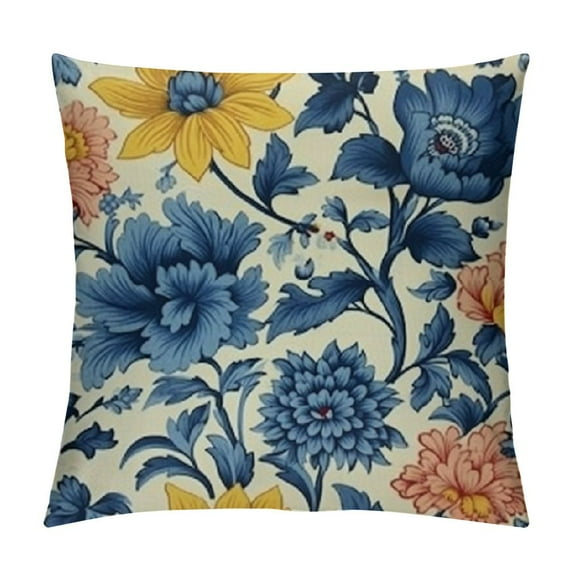 Shiartex Navy Blue Yellow Floral Pillow Covers Spring Summer Flower Leaves Print Decorative Throw Pillow Cases Outdoor Farmhouse Decoration for Sofa Couch Bed 18x18in