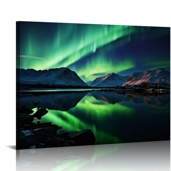 Shiartex Northern Lights Wall Art Green Aurora Borealis Scenic Wall Decor, Nature Snow Mountain Landscape Canvas Prints Picture Painting Artwork for Bedroom Living Room Office Decor 20x16 in/16x12 in