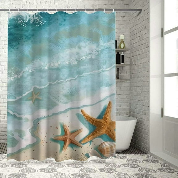 Shiartex  Ocean Beach Shower Curtain  Watercolor Blue Summer Sea Hawaii Teal Waves Marine Beachside Starfish Seashell Hooks Polyester Waterproof Fabric Bathroom Bathtub Panels White
