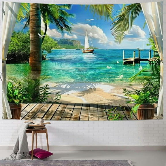 Shiartex Ocean Beach Tapestry, Nature Coconut Palm Tree Garden Scenery Window Tapestries Wall Hanging for Bedroom College Dorm Decor 40x30inch