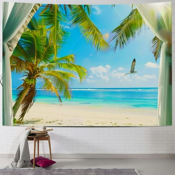 Shiartex  Ocean Beach Tapestry Tropical Seaside Island Palm Tree Waves Tapestries Window View Summer Clear Sea Paradise Landscape Wall Hanging for Living Room Bedroom Home Decor 40x30inch