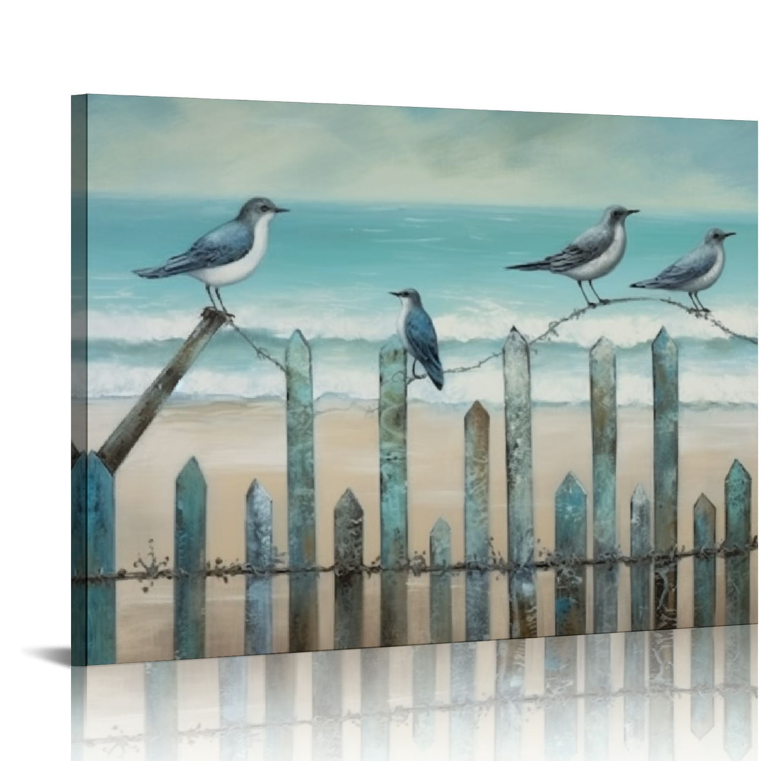 Shiartex Ocean Beach Wall Art 3D Framed -Painted Seascape Oil Painting Perching Bird Canvas Artwork The Tranquility by The Sea Shore for Living Room Bedroom Décor Coastal Blue 20x16in