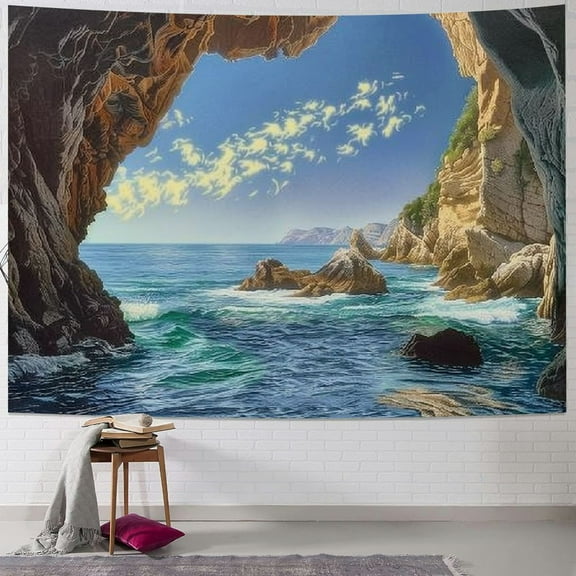 Shiartex Ocean Cave Tapestry Ocean and Mountain Tapestry Wall Hanging Blue Ocean Waves Nature Landscape Tapestry for Bedroom Living Room Dorm Decor Aesthetic Tapestries Wall Art Painting