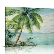Shiartex  Ocean Coastal Tropical Painting Nature Palm Tree Canvas Artwork Bathroom Picture, Green Panoramic Seascape Print, Large Frame for Bedroom Kitchen Office Home Decor 20x16in