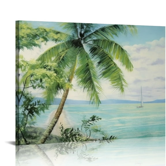 Shiartex  Ocean Coastal Tropical Painting Nature Palm Tree Canvas Artwork Bathroom Picture, Green Panoramic Seascape Print, Large Frame for Bedroom Kitchen Office Home Decor 20x16in