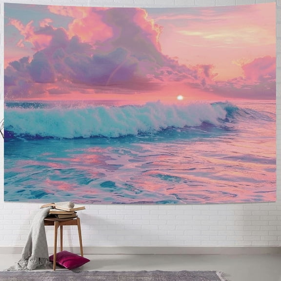 Shiartex  Ocean Pink Sky Tapestry, Teal Sea Ocean with Pink Cloud Wall Tapestry for Bedroom, Pastel Nature Landscape Wall Hanging Tapestry Wall Art for Living Room Home Decor 40x30inch