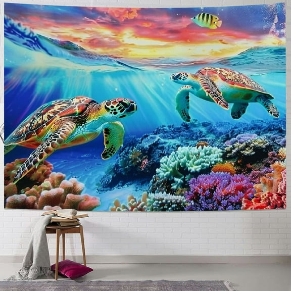 Shiartex  Ocean Sea Turtle Tapestry Sunset Tapestry Underwater World Tapestry Tropical Fish Tapestry Wall Hanging for Bedroom Dorm Room 40x30inch