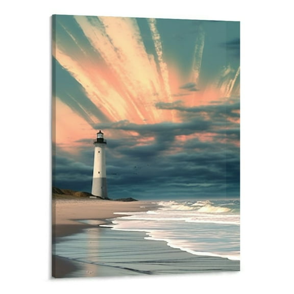 Shiartex Ocean Summer Canvas Wall Art Teal Blue Seascape Pictures Lighthouse Paintings Coastal Beach Artwork Framed for Bathroom Bedroom Living Room Home Office Wall Decor, 16x20"in