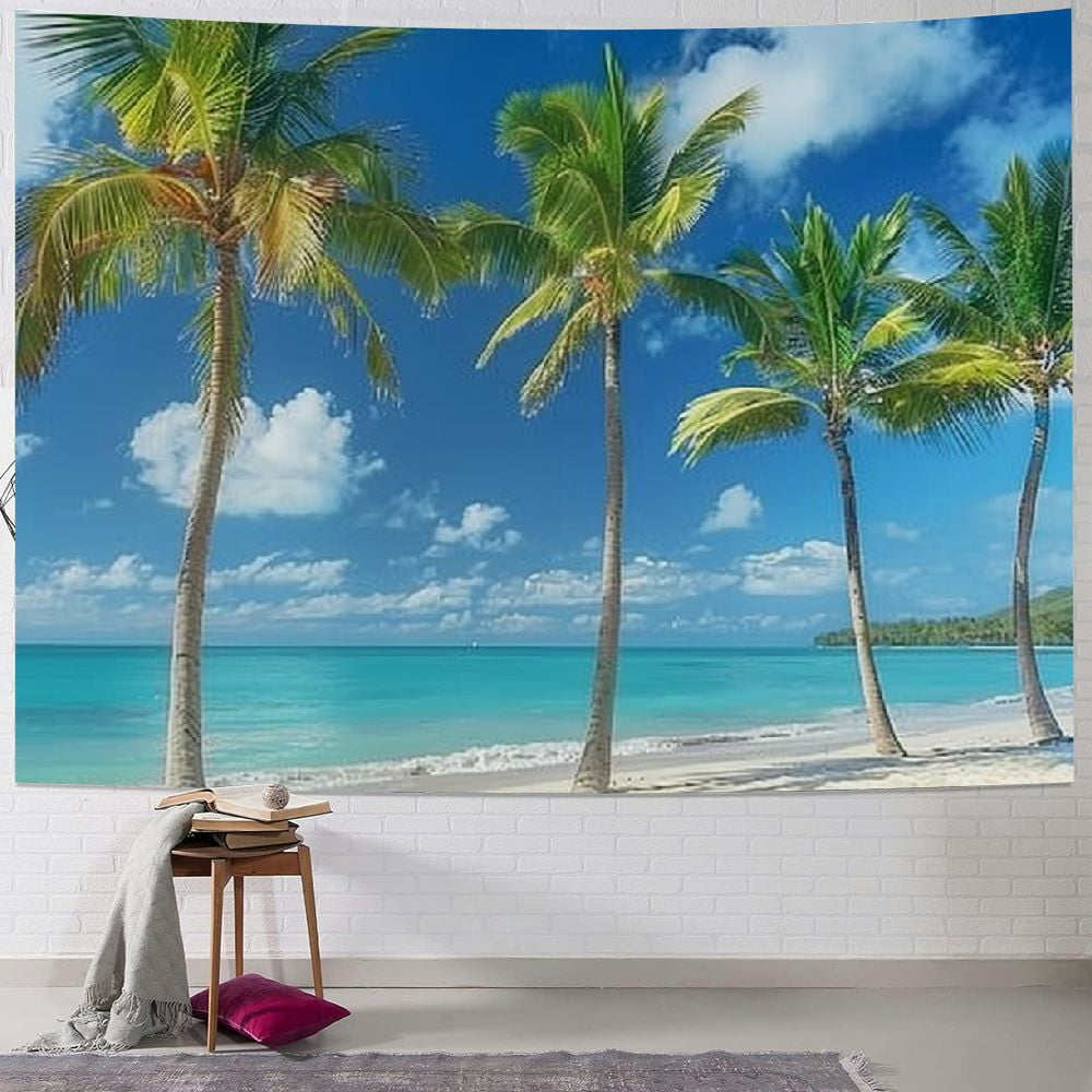 Shiartex Ocean Tapestry Green Palm Tree on Tropical Beach Tapestries ...