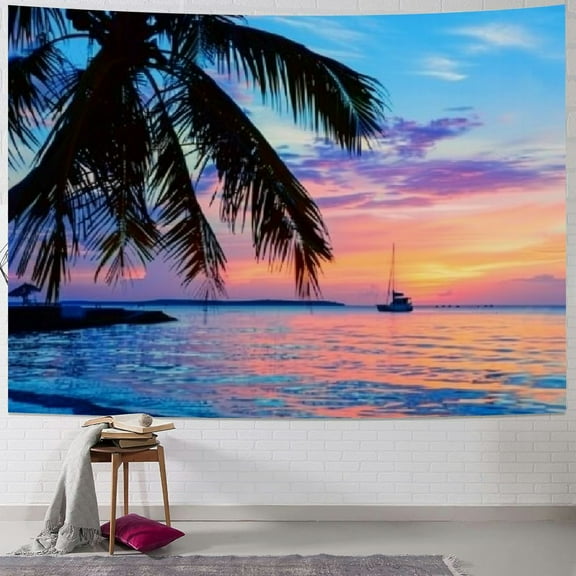Shiartex  Ocean Tapestry for Bedroom Beach Palm Tree Wall Hanging Sunrise Decor,, Blue 40x30inch