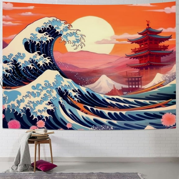Shiartex Ocean Wave Tapestry Japanese Kanagawa Backdrop Great Wave Tapestry Cherry Blossom Nature Sunset Background Wall Hanging Banner for Japanese Party Wall Home Decorations 40x30inch