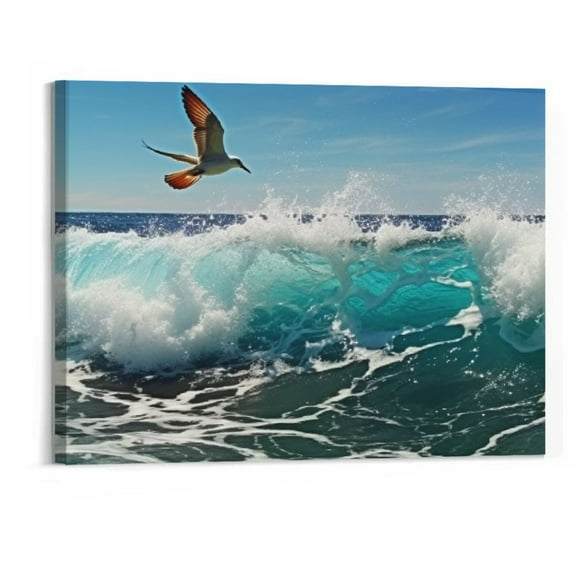 Shiartex Ocean Waves Canvas Wall Art for Living Room Wall Decor Summer Beach Canvas Pictures Blue Surfing Water Birds on Sea Canvas Prints Artwork Office Home Wall Decor Framed Ready to Hang 20x16 In