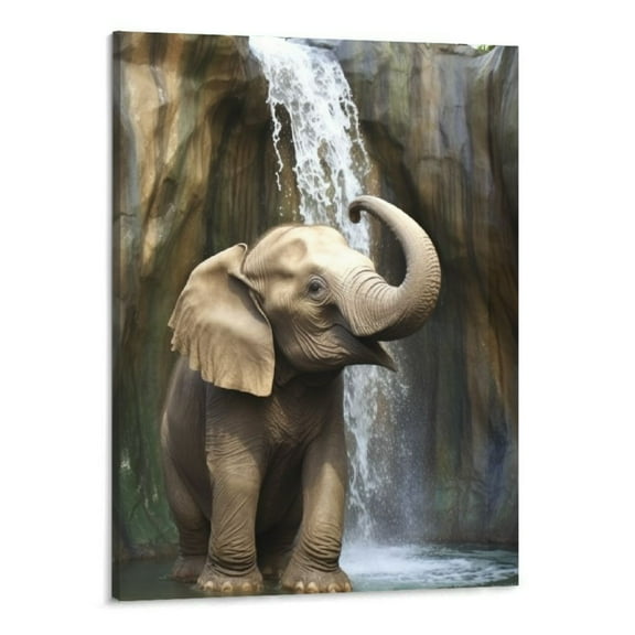 Shiartex Oil Painting Canvas Wall Art Elephant Squirting Water,Picture Prints Artwork Stretched and Framed Animal Waterfall Landscape,Wall Decor Ready to Hang for Living Room Bedroom Bathroom 16x20in