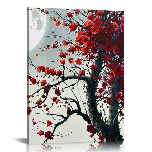 Shiartex Painted Chinese Oil Painting Plum Blossom with Bamboo Wall Art Red Flower Canvas Artwork 16x20 in