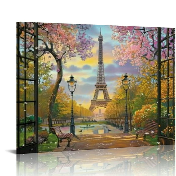 Shiartex Paris Eiffel Tower Wall Art Window Paris Eiffel Tower  Wall Decor Eiffel Tower Landscape Canvas Painting Print Artwork ome Decor Framed for Living room Bedroom Bathroom 20x16 in/16x12 in