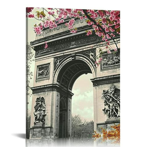 Shiartex Paris Wall Decor for Bedroom & Bathroom -Framed Canvas Prints Set, Eiffel Tower, Notre Dame, Arc de Triomphe with Cherry Blossom Modern Home Art 12x16 in