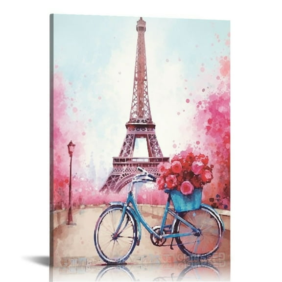 Shiartex Paris Wall Decor Pink Wall Art for Girls Bedroom Decor Eiffel Tower Decor Modern Artwork for Walls Pink Flowers Bicycle Canvas Prints Wall Decoration for Bedroom Home Decor 16x20 in/12x16 in