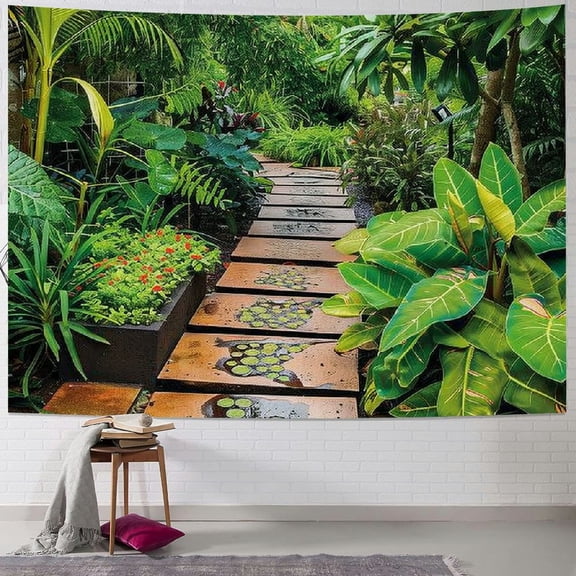 Shiartex Peace Garden Tapestry, Garden with Tropical Plants and Wooden Path Tranquility Harmony Theme, Fabric Wall Hanging Decor for Bedroom Living Room DormGreen Pale Brown Painting