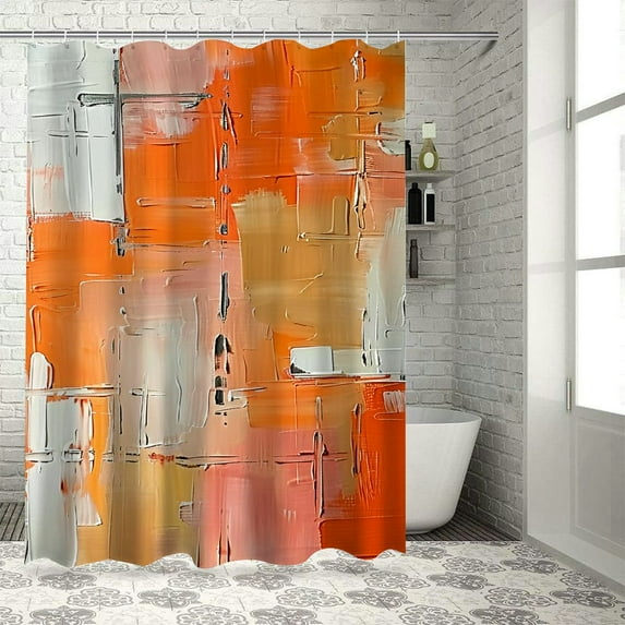 Shiartex Peach Shower Curtain, Abstract Contemporary Brush Strokes in Rectangle Shapes Grunge Artwork, Cloth Fabric Bathroom Decor Set with Hooks, Coral Orange and Ecru White