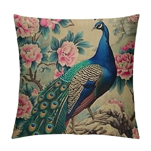 Shiartex Peacock Flowers Modern Rustic Decorative Couch Pillow Cases Square Spring Throw Pillow Cover 1PC 24x24in