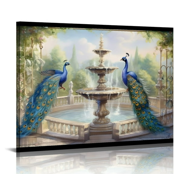 Shiartex Peacock Fountain Fantasy Art Canvas Wall Art Print Home Decor for Living Room Bedroom Office Wall Decor 20x16in